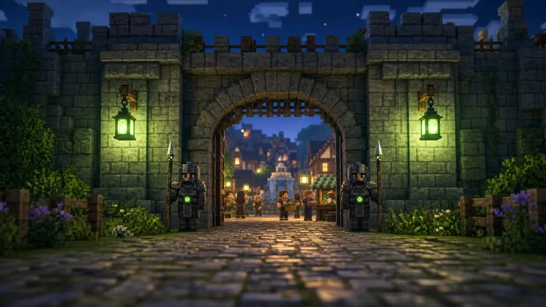 Due guardiani proteggono una città abitata nel mondo Minecraft di Apeyron Games